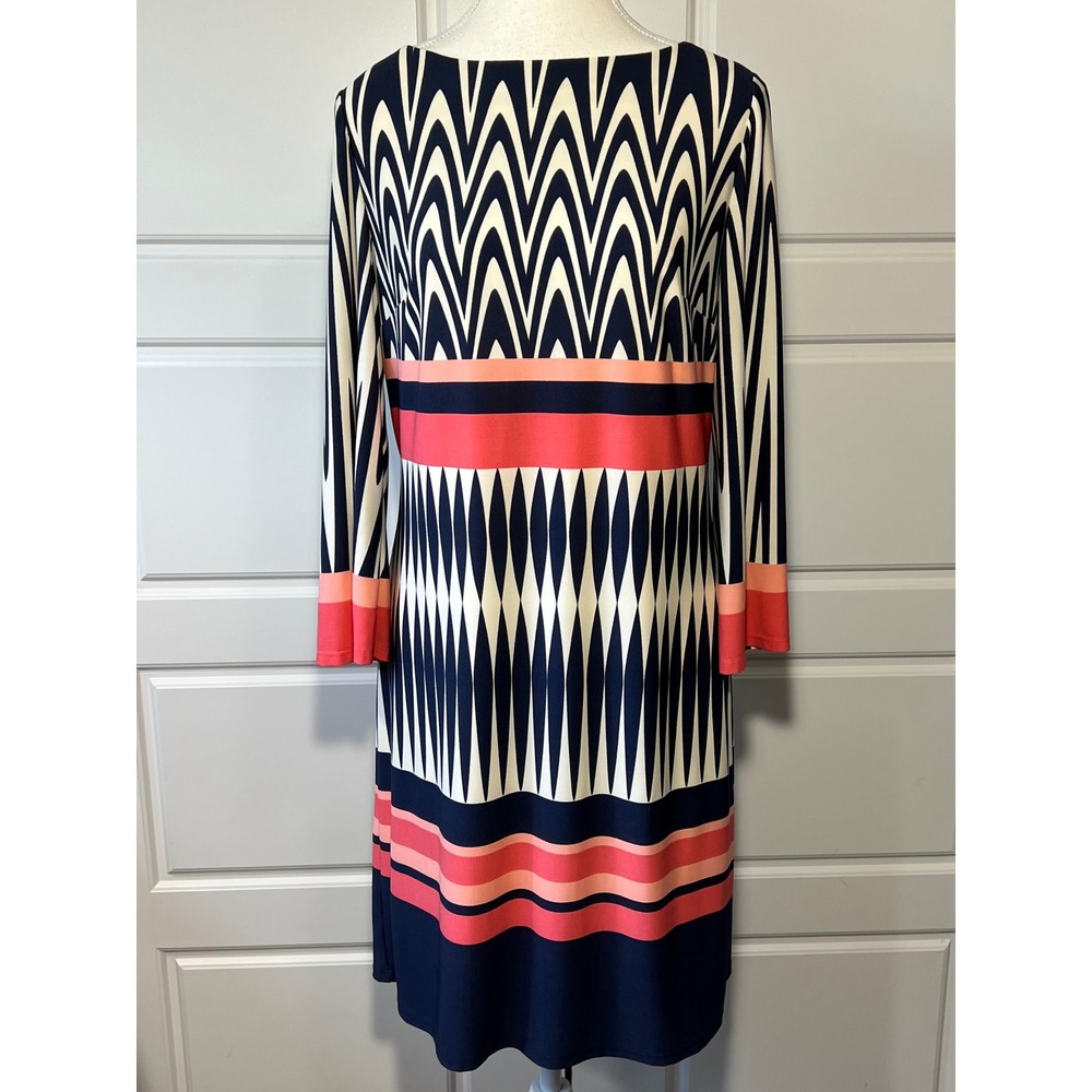 Eliza J Geometric Print Sheath Dress Navy Coral White‎ Long Sleeve Size 8
